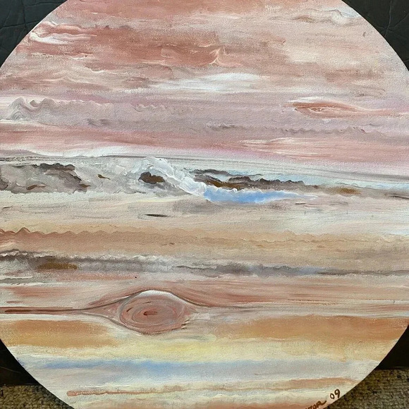 VTG Y2K 09 Singed Oil Painting On Canvas Pink Ocean Beach Sky Scene Round 16” - Picture 1 of 10